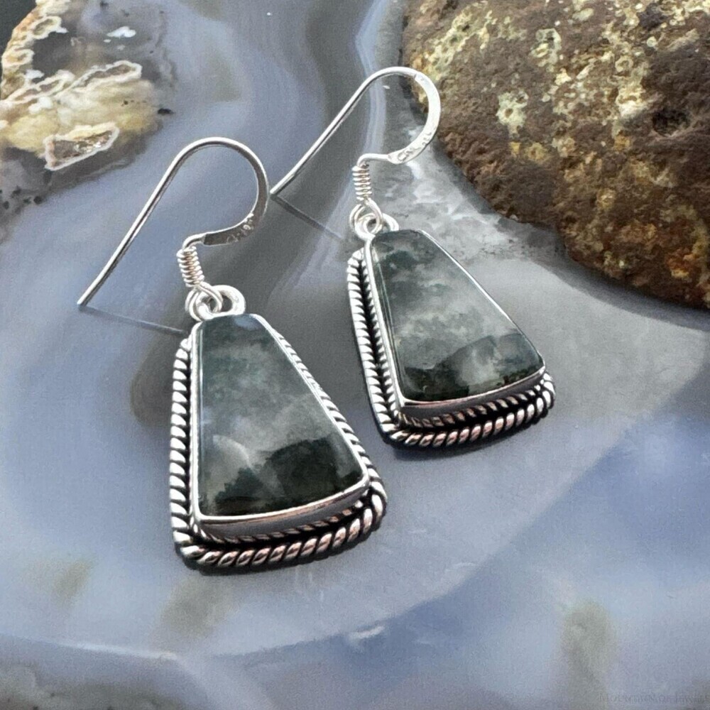 Sterling Southwestern Style Trapezoid Moss Agate Dangle Earrings For Women - Picture 4 of 10